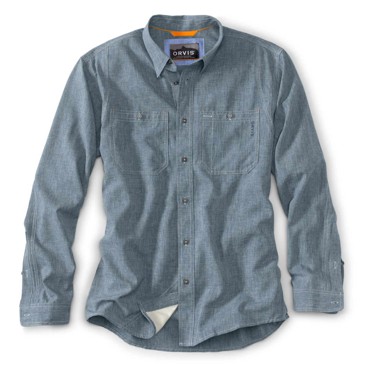 Men's Tech Performance Work Shirt Blue Chambray Size Medium Polyester/Recycled Materials Orvis