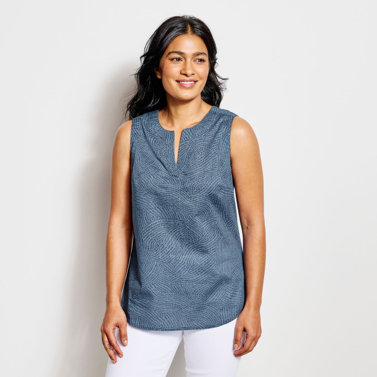 Women's Easy Sleeveless Printed Camp Shirt Dusty Blue Dot Swirl Size Medium Cotton Orvis