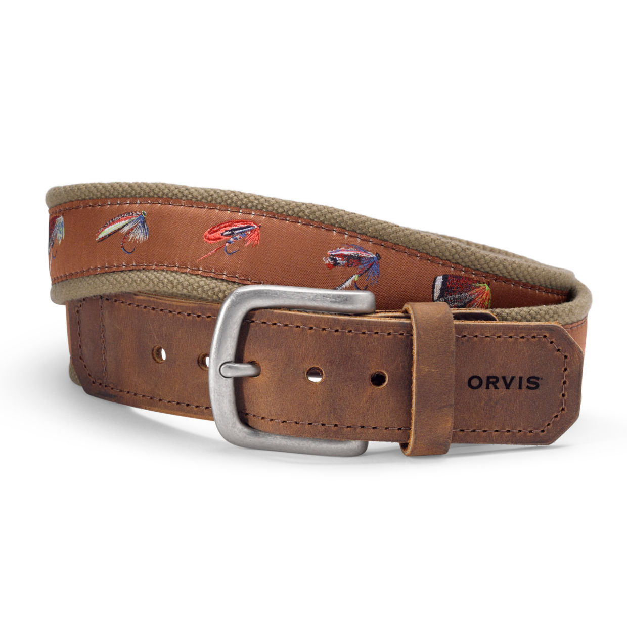 Men's Mary Orvis Flies Story Leather Belt Olive Size 44 Leather/Canvas
