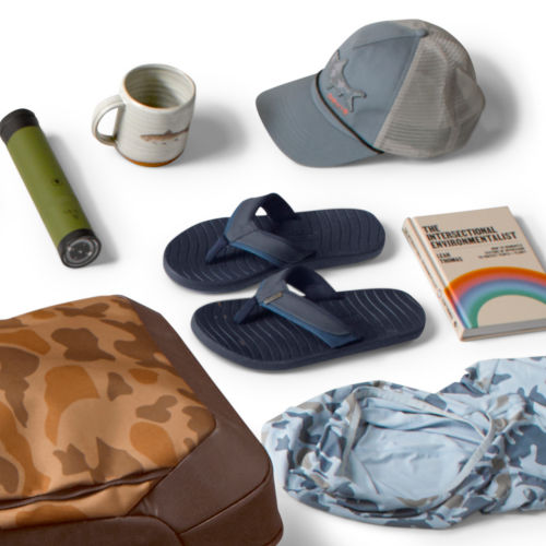 A collection of men's accessories including hats, backpacks, shoes, and buffs