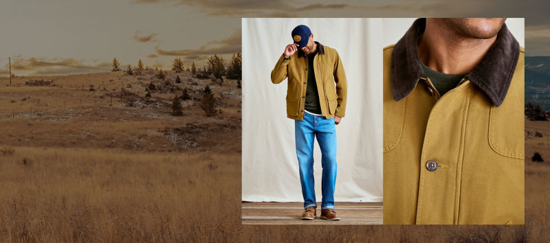 A landscape of a scrubby field with bits of snow with two inset photos, one of a smiling model wearing a chore coat with jeans and the second of a detail of the chore coat.