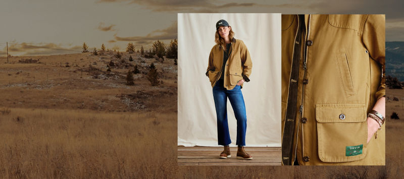 A landscape of a scrubby field with sprinkings of snow with two photos inset: one of a person wearing blue jeans and a chore coat and the second of the zipper and buttons on the chore coat.