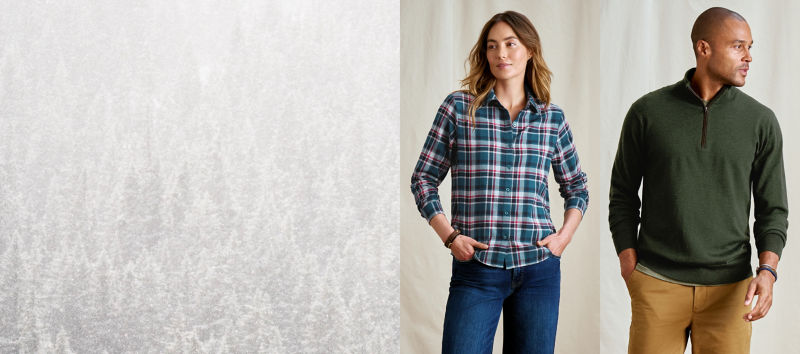 Three images side by side, on the left: a snowy forest of evergreens, in the middle: a woman wearing a blue plaid shirt and jeans, on the far right: a man wearing a green merino sweater with tan pants.