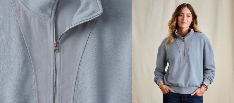 A two image collage of a model in a light blue pullover on the right and a fabric detail shot of the pullover on the left.