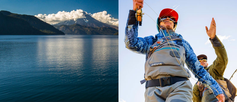 A two image collage: on the left a gorgeous blue water with a small boat plying its way toward the mountains in the distance, and on the right a view from below of an angler in waders.