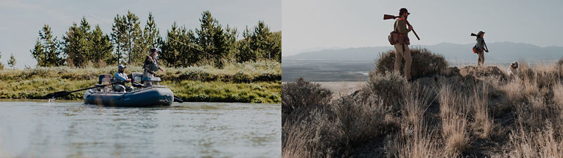 A split image of two anglers on a boat in Iceland fresh waters casting and an image of a man, woman and dog standing on a hill looking afar while hunting.