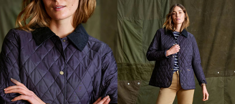 Two side by side images: on the left a close shot of a navy quilted jacket and on the right a woman wearing the jacket with a navy and white striped tee.