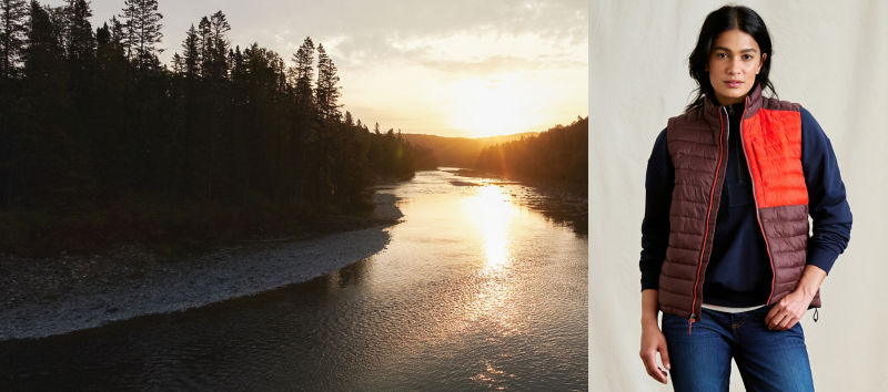 Two images side by side with the sun rising over a river on the left and of a woman wearing a burgundy and red color-blocked vest on the right.