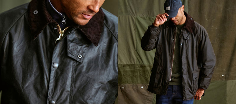 A two image collage: on the left a close-up of man wearing a jacket, on the right a waist-up image of a man wearing a different Barbour jacket with a navy ball cap.