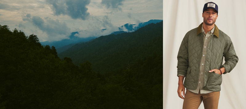 Two images of a scenic forest on the left and a model wearing a green jacket and tan pants on the right.