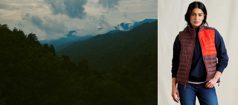 A split image with a scenic forest on the left and a woman wearing a burgundy and red vest over a navy pullover.