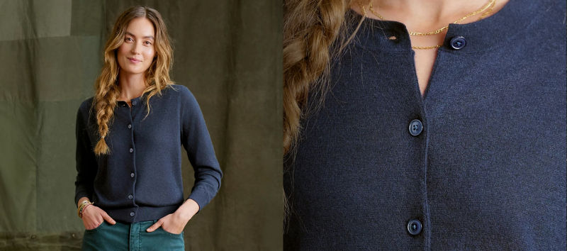 A two image collage: on the left a model wearing a navy blue cardigan and green pants and on the right, a close-up focusing on the sweater fabric.