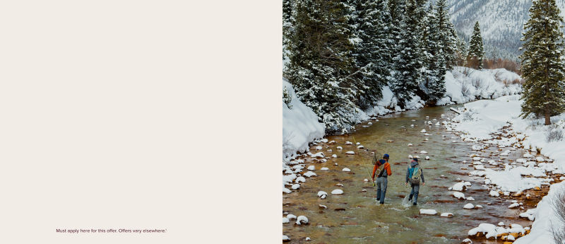 A split image of cream background on the left and two anglers walking in a stream with snow all around.