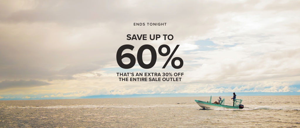 The words, "Ends Tonight - Presidents' Day Clearance  Save up to 60%  That’s an extra 30% off the entire Sale Outlet" laid over a landscape photo of the ocean with a small boat plying the waves.