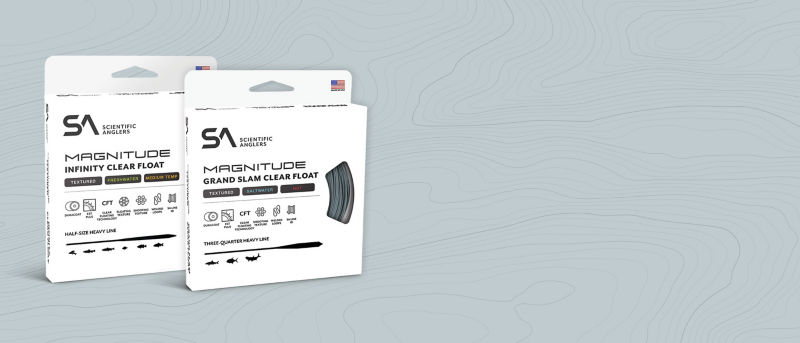  Two boxes of Clear Float Fly Line on a contour map in light blue.