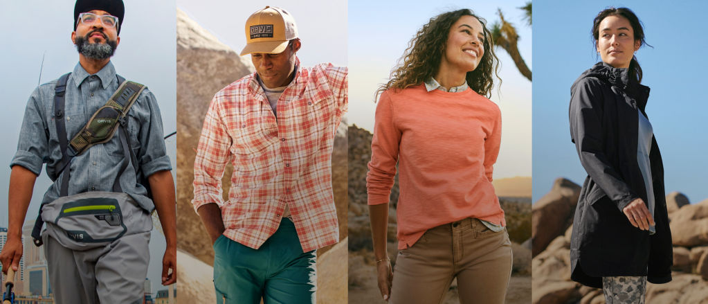 An image collage of 2 men and 2 women wearing new spring styles