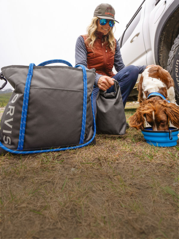 A view from the ground of someone kneeling down in the grass to feed their spaniel with a travel bowl.