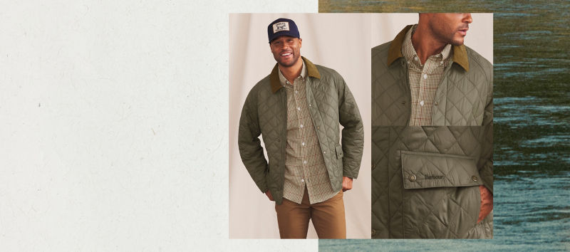 A collage of three images over a cream patterned back ground: on the left A smiling man stands before a cream curtain wearing a quilted Barbour jacket over a plaid button-down, on the right two images show details of the Barbour jacket including collar and pocket.