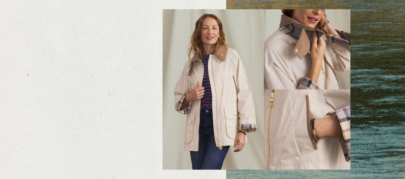 An image collage over a cream background: on the left A woman wearing a cream and tan Barbour jacket over a t-shirt and blue jeans and on the right two close-up images of the jacket focused on collar and pocket.
