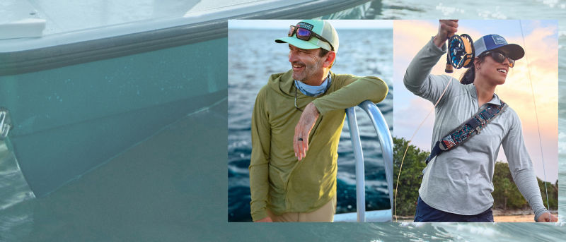A three image collage: the background isa boat in the water, the two inset images show two anglers of different gender presentations on the water wearing sun protective tops.