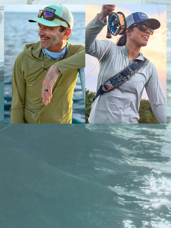 A three image collage: the background isa boat in the water, the two inset images show two anglers of different gender presentations on the water wearing sun protective tops.