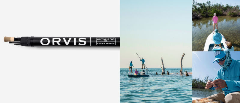 An image collage of an angler fishing from the bow of a boat, an angler tying a fly onto his line and of three people on a poled skiff in the flats.