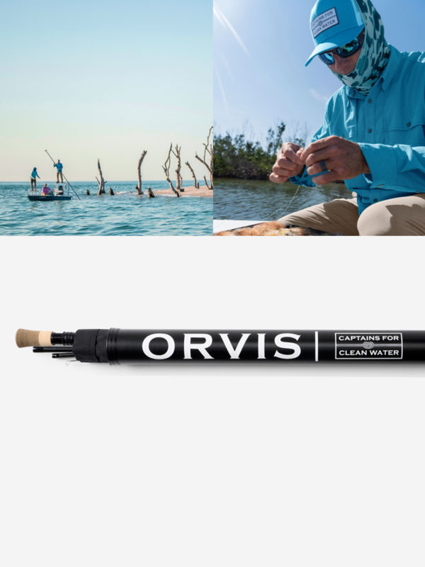 An image collage of an angler tying a fly onto his line and of three people on a poled skiff in the flats.