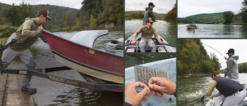 A collage of 5 images showing anglers in various stages of fly fishing.