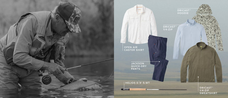 On the left, a black and white image of an angler holding a fish and on the right, several products laid over a Montana landscape.