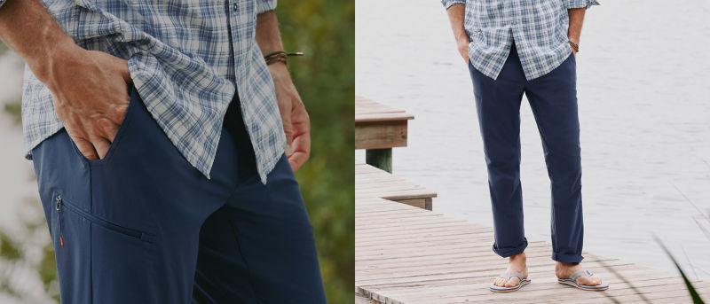 On the left, a man's hand in the pocket of navy technical pants with a blue and white plaid button-down and on the right, the same person from the waist-down standing on a wooden dock.