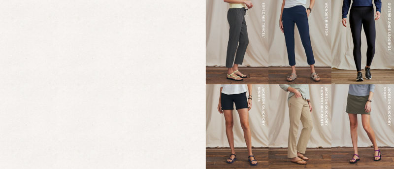 A 6-image grid showing models wearing a variety of pants and shorts.