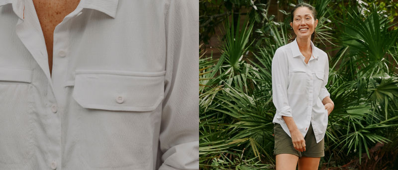 On the right, a close-up of a white button-down shirt and on the left, a model wearing a white shirt over olive shorts with plants in the background.