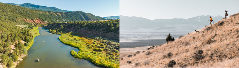 A two image collage of a raft with anglers floating down a lazy river on the left and on the right, two wingshooters fallowing their dog down a steep hill.