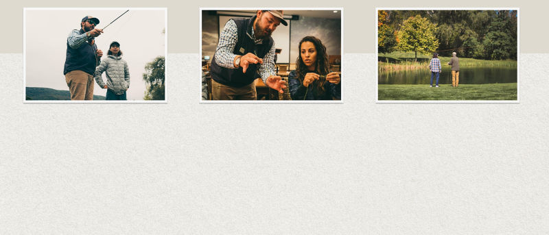 Three separate images showing instructors demonstrating for fly fishing students.