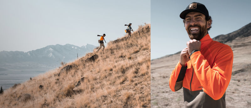 Two hunters walking up a hill on the left and a smiling hunter zips up his blaze orange and khaki quarter-zip on the right.