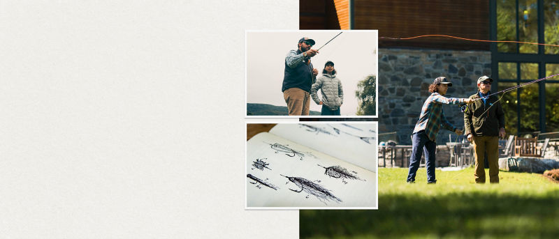 Three images: two images of a fly fishing instructor teaching a student how to cast and the final image is a book with hand-drawn fishing flies.
