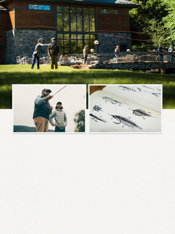 Three images: two images of a fly fishing instructor teaching a student how to cast and the final image is a book with hand-drawn fishing flies.