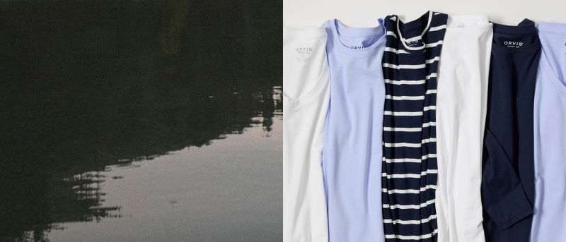 A two image collage of a lake and a collection of blue and white tees.