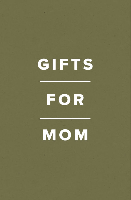 Gifts For Mom in white over an olive  green background.