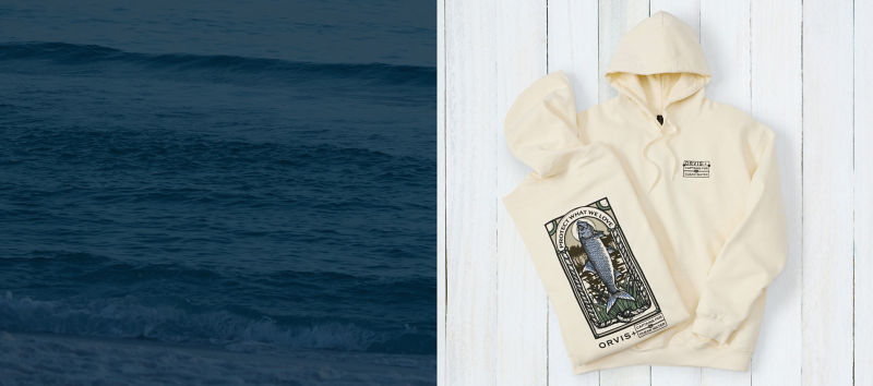 A two image collage of of a cream hoodie with Protect What We Love above a graphic fish on the right and an ocean background on the left.
