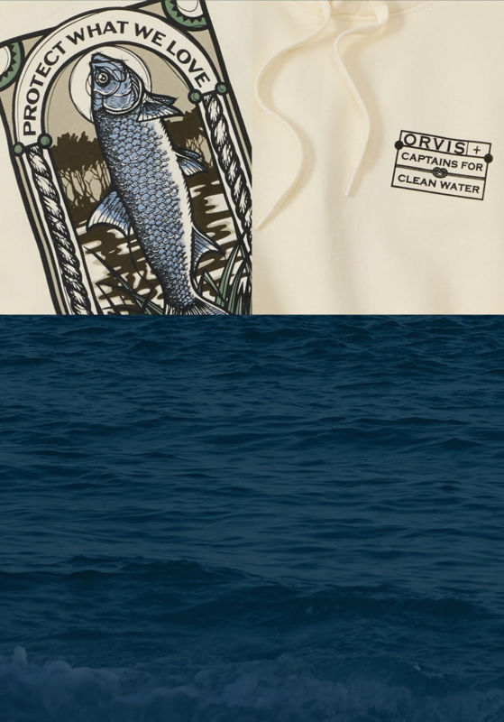 A two image collage of of a cream hoodie with Protect What We Love above a graphic fish on the top and an ocean background on the bottom.