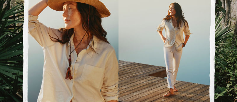 A three image collage with two views of a model wearing summer white laid over an image of tropical plants.