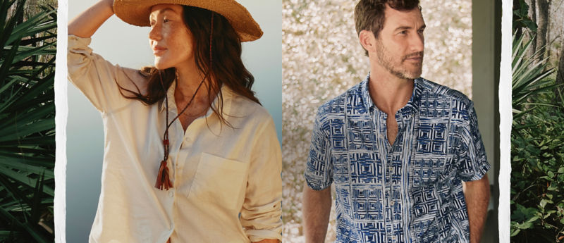 An image collage showing two models wearing light summer-weight button-down shirts in the outdoors.