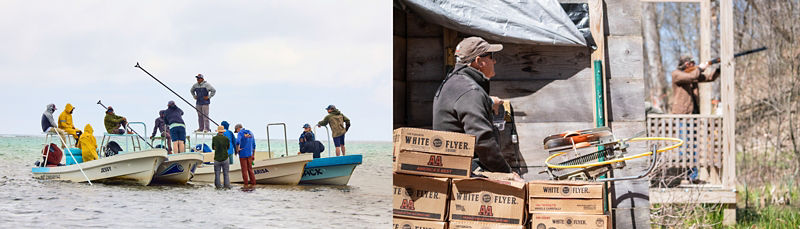 A split image of a crowd of people on 4 boats in the salt flats and an image of a person shooting from a stand while an instructor watches.