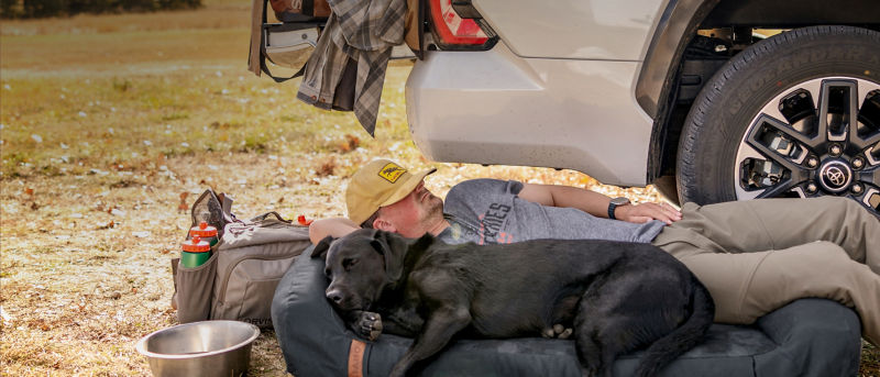 A man and his dog are sleeping on a dog bed together next to a vehicle outdoors.