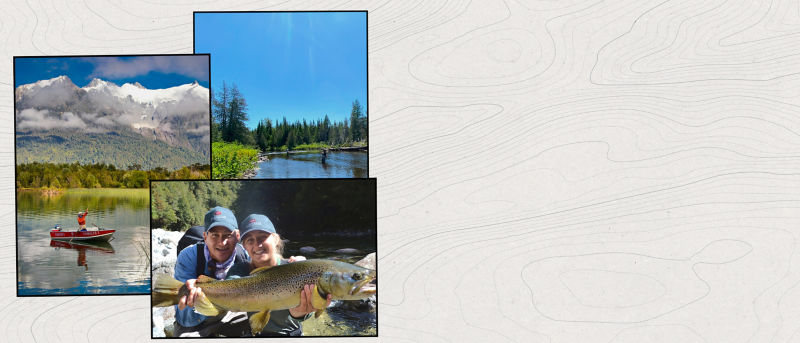 A three image collage of people fishing on a boat, in a lake, and holding a fish by a river.