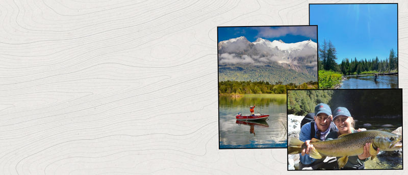 A three image collage of people fishing on a boat, in a lake, and holding a fish by a river.