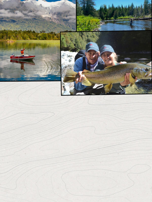 A three image collage of people fishing on a boat, in a lake, and holding a fish by a river.