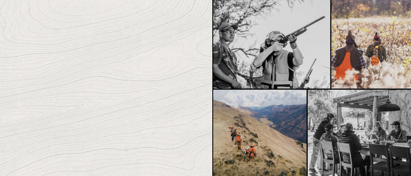 A four image collage of hunters in the field and at the table.