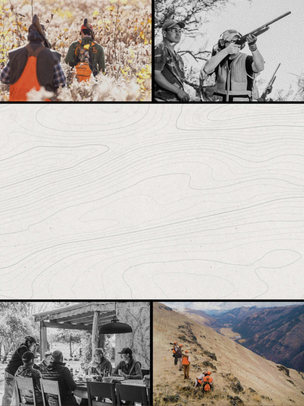 A four image collage of hunters in the field and at the table split by a map background.